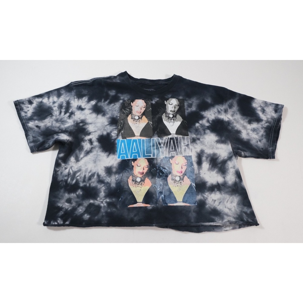 Aaliyah Graphic Tee Womens Large Black Tie Dye Crop Top Short Sleeve Raw Hem Cut